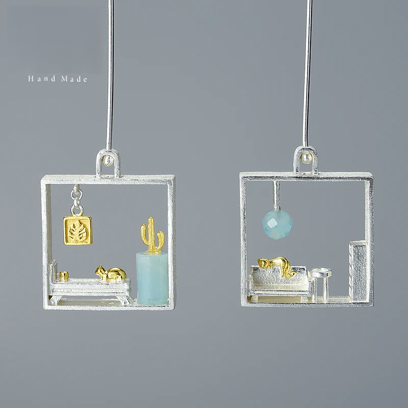 925 Sterling Silver Handmade jewelry, Room Scene Earrings with Blue Amazonite & Cat Design
