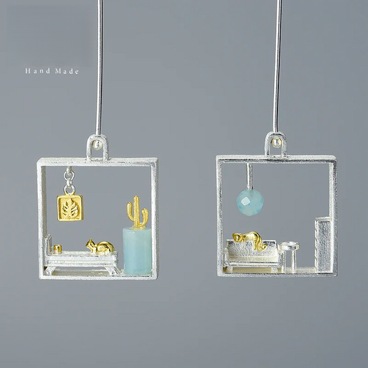 925 Sterling Silver Handmade jewelry, Room Scene Earrings with Blue Amazonite & Cat Design
