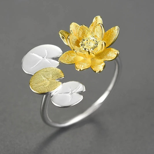 925 Sterling Silver Water Lily & Lotus Adjustable Ring – Elegant Statement Jewelry for Women