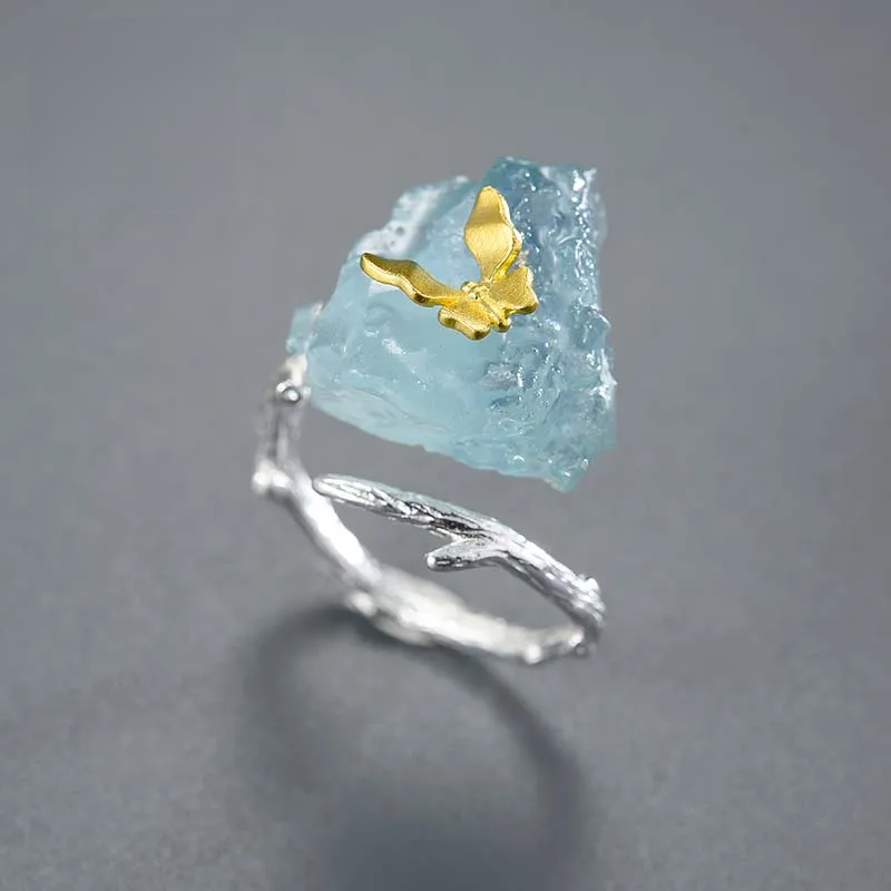 Adjustable Aquamarine Butterfly Ring – Original 925 Sterling Silver Luxury Gemstone Jewelry for Women